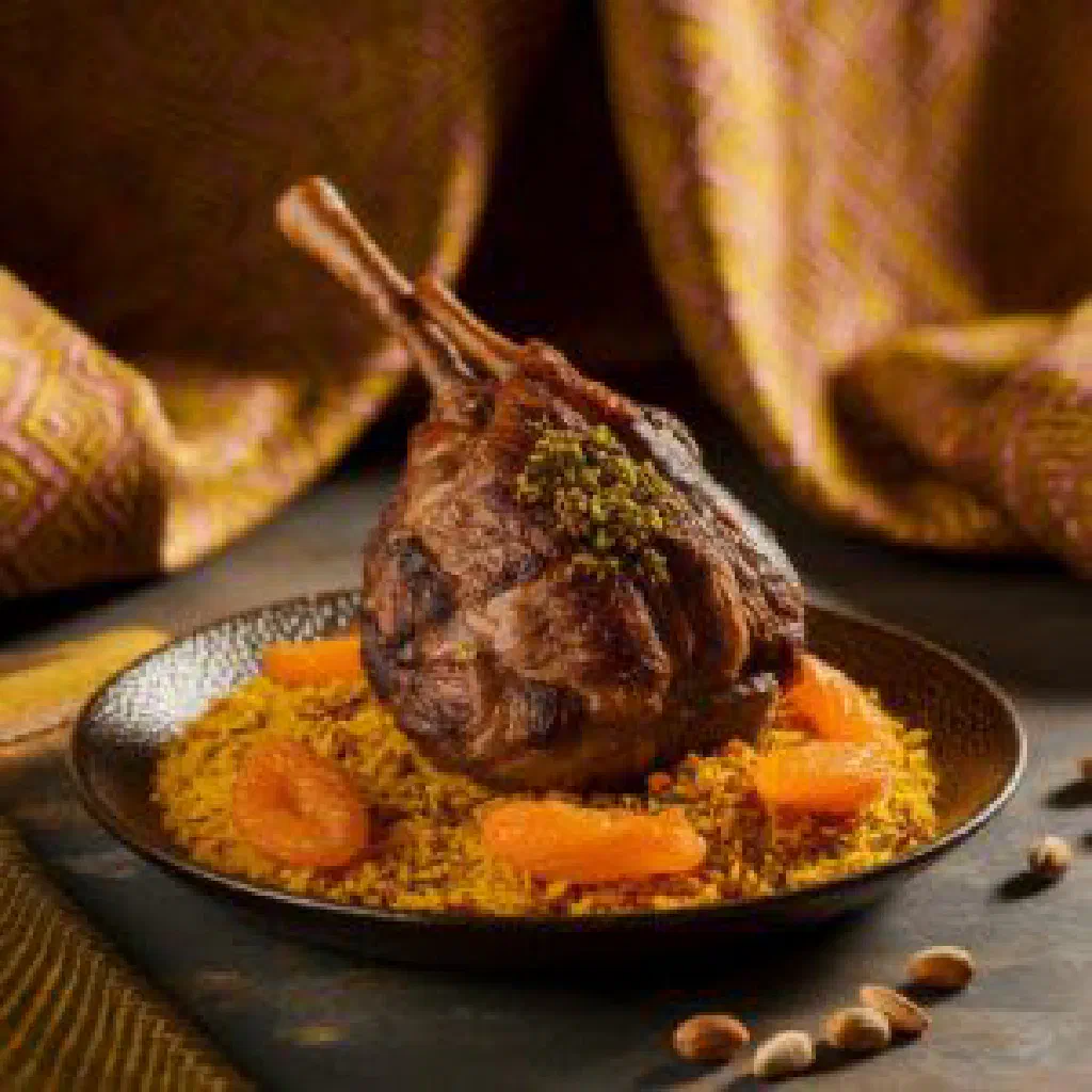Ferek meshwi with roasted wheat, tender meat and fresh herbs