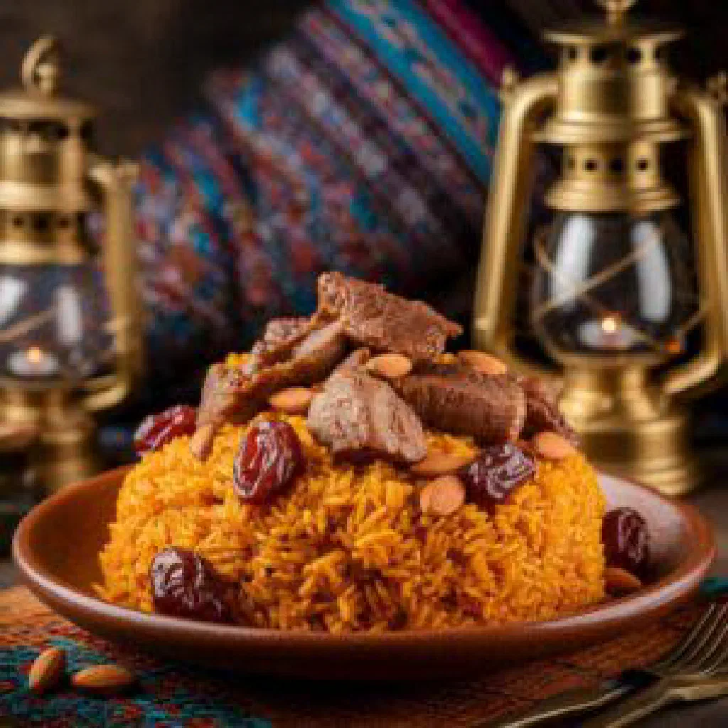 Bowl of ferek roasted wheat with tender spiced lamb and fresh herbs
