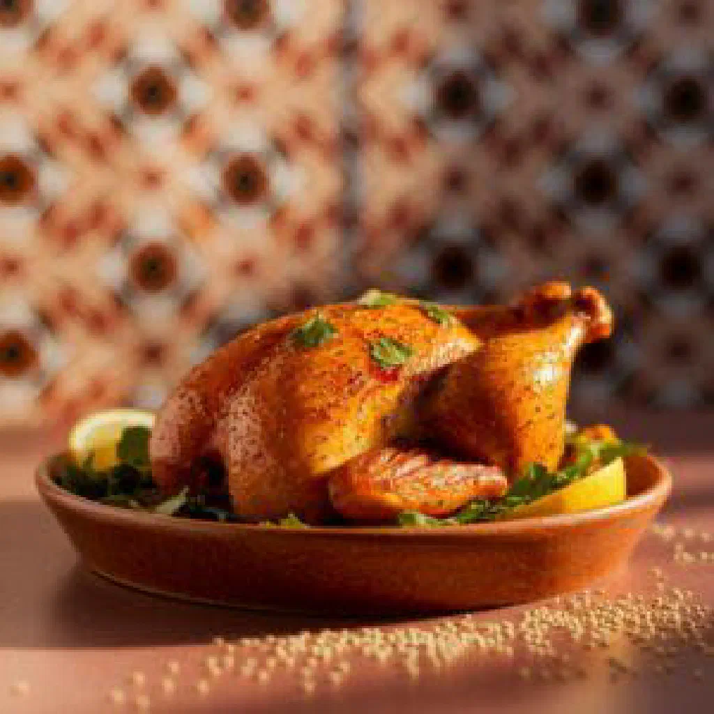 Marinated grilled chicken Farooj Meshwi served with fresh herbs and lemon
