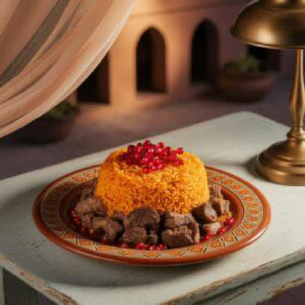 Hinaini with tender spiced meat and fragrant basmati rice garnished with fresh herbs