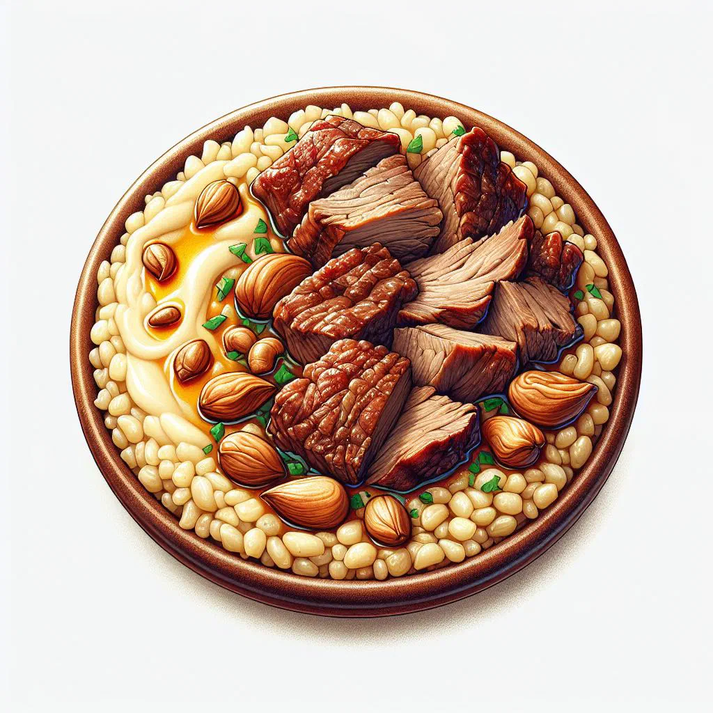 Bowl of jareesh lahm with cracked wheat and tender spiced lamb