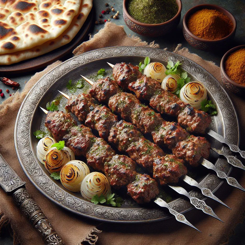 Grilled Kabab Al-Hindi skewers with spiced lamb and flatbread