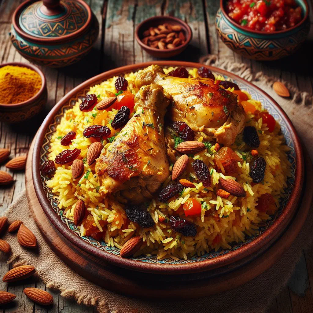 Kabsa dajaj with spiced rice, tender chicken and fresh coriander