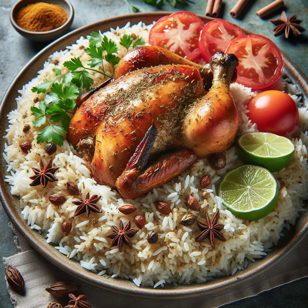 Kabsah with spiced rice and tender lamb on a large platter