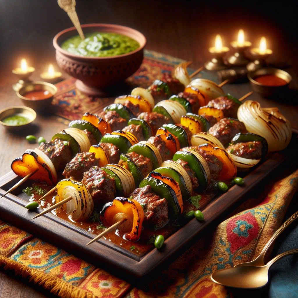 Grilled kebab skewers of marinated meat served with fresh herbs and salad