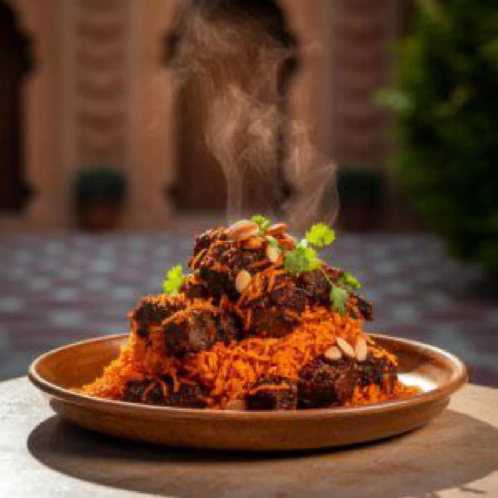 Warm khabeesa pudding garnished with dates and nuts