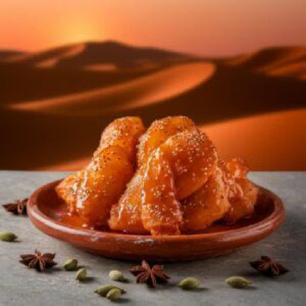 Golden fried Khanfaroosh fritters drizzled with honey
