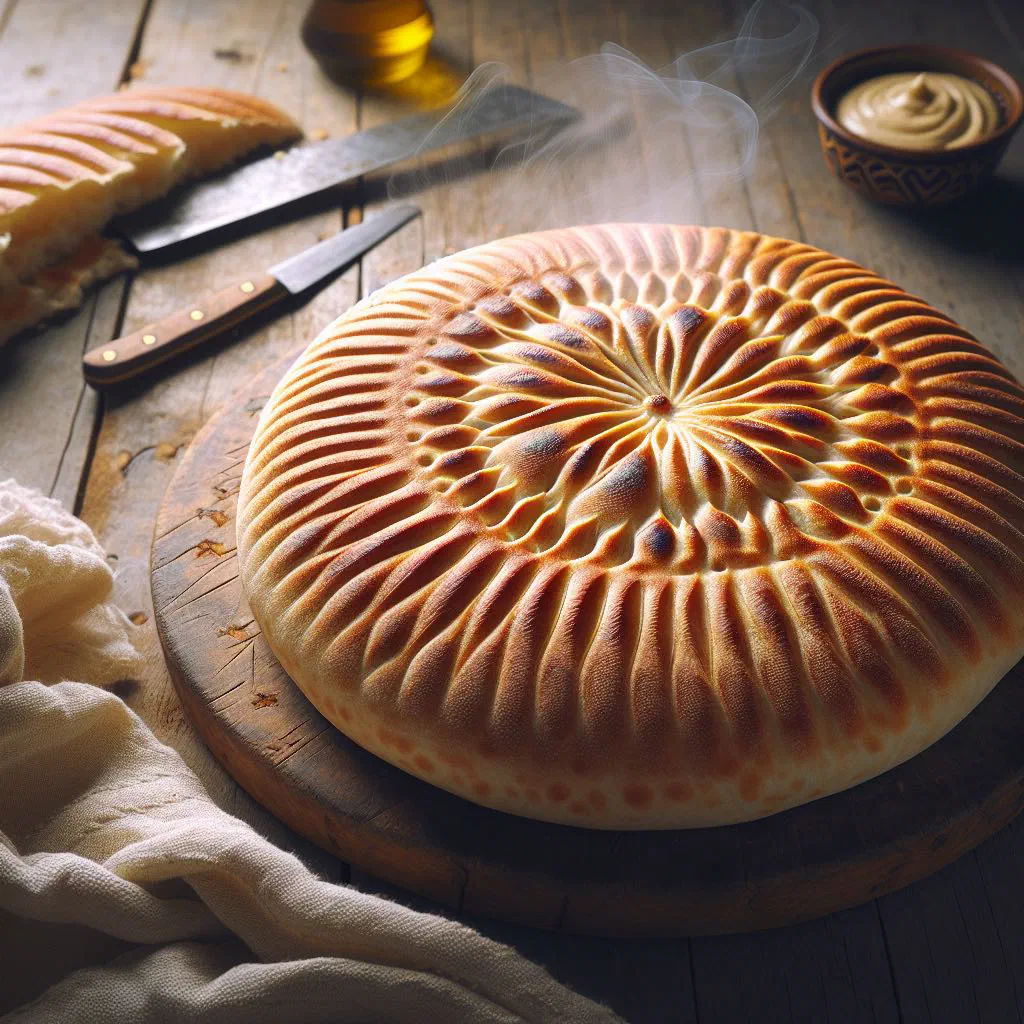 Round golden khobz flatbreads fresh from the pan