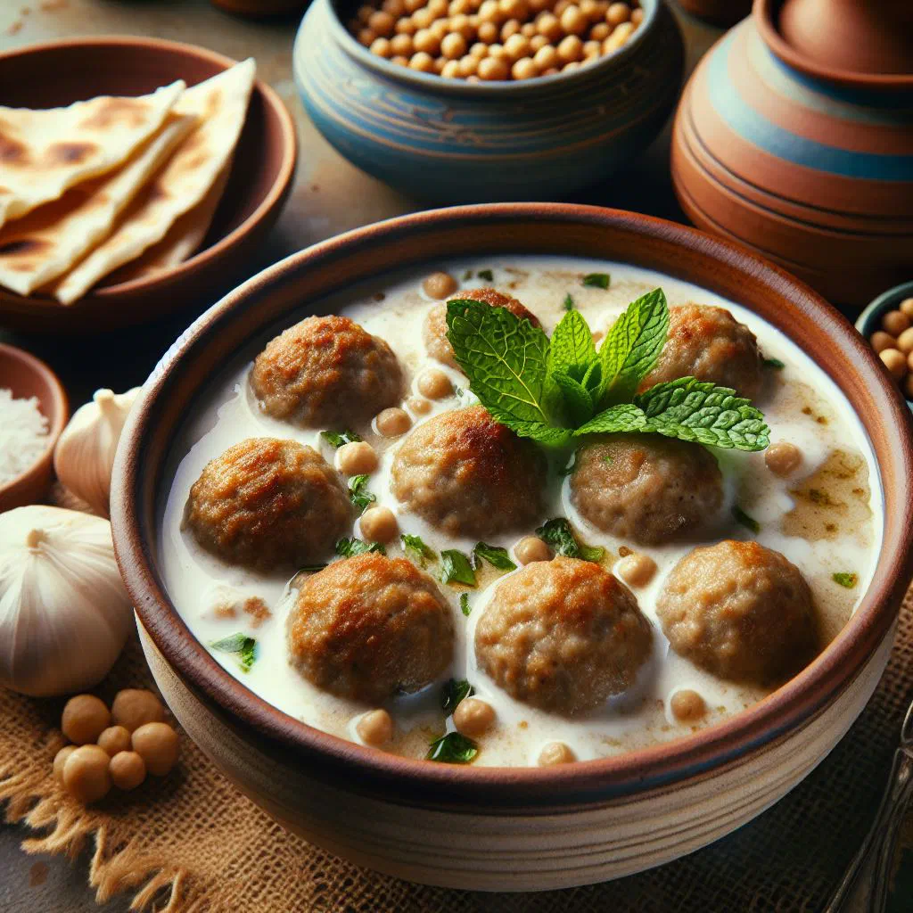 Kibbeh meatballs simmered in a creamy yoghurt sauce, garnished with fresh mint