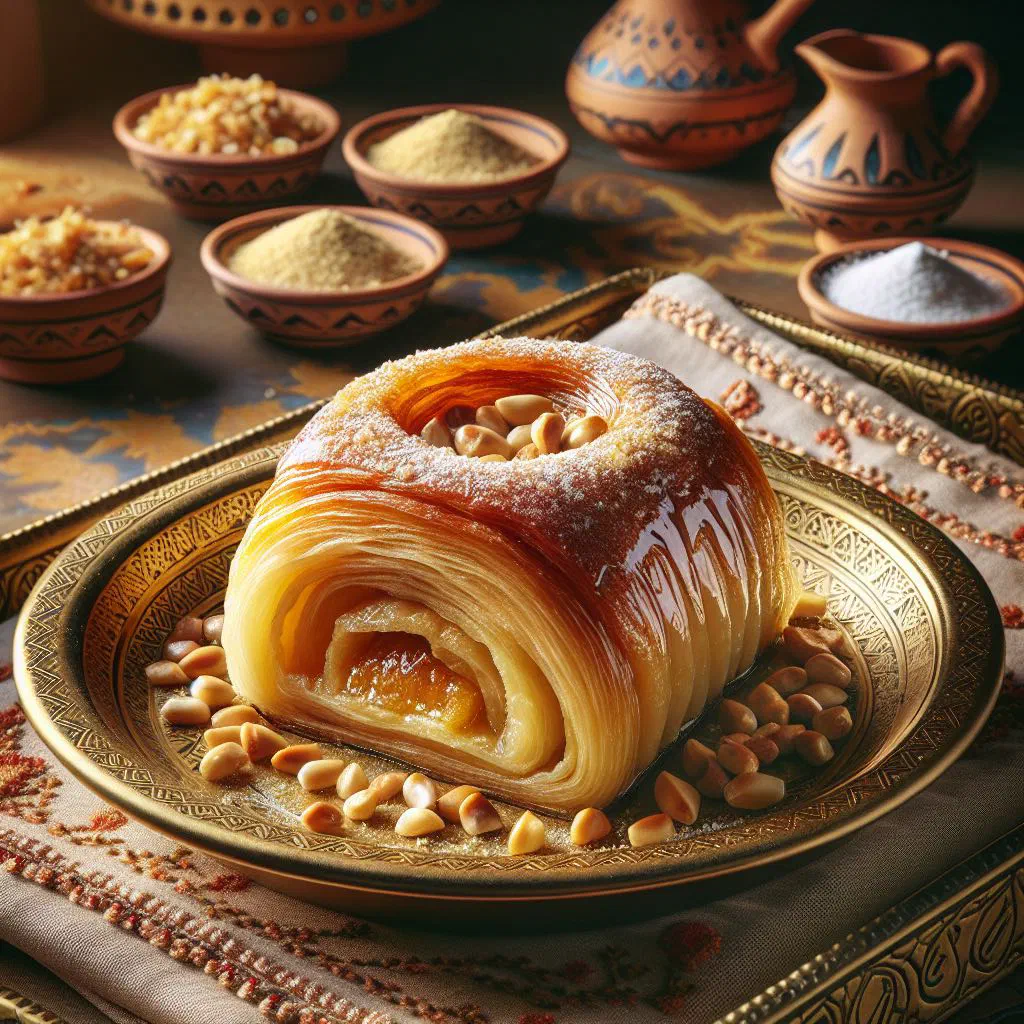 Golden filled Kleija pastries stuffed with dates on a serving plate