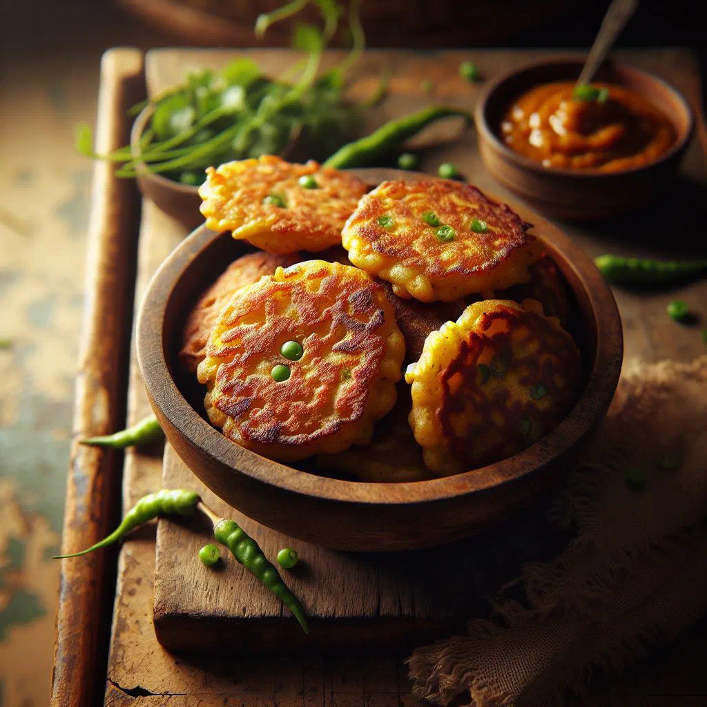 Golden, crispy lentil fritters served on a plate with fresh herbs
