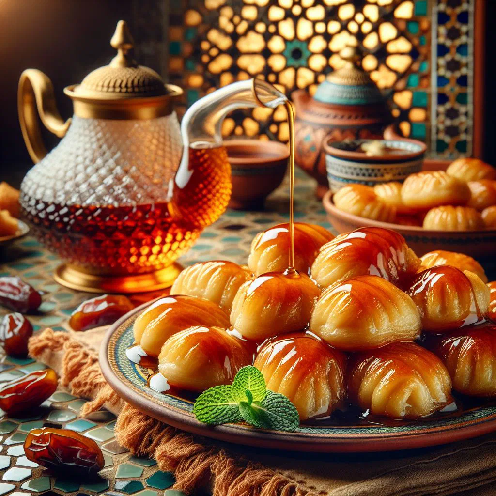 Golden luqaimat dumplings drizzled with date syrup and sprinkled with sesame