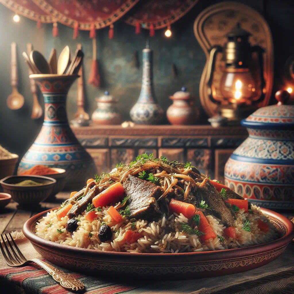 Madfoon with spiced rice and tender lamb on a serving platter