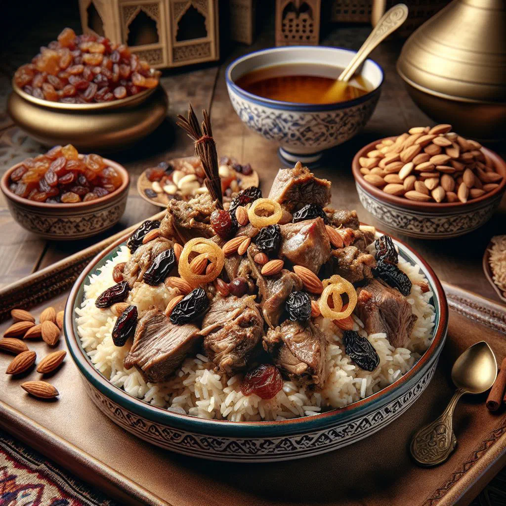 Mandi with spiced basmati rice and tender lamb on a large platter