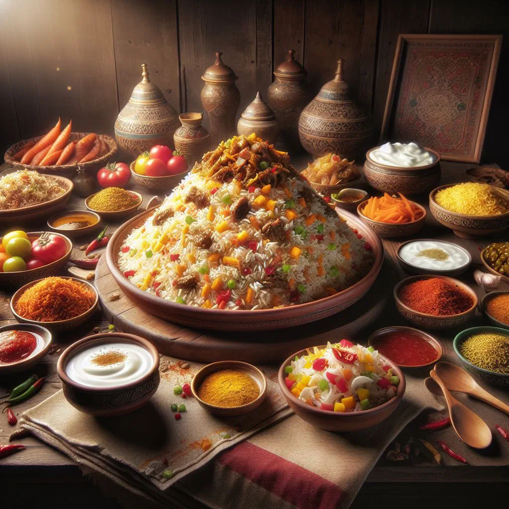 Fragrant mashkhool rice with spiced lamb, garnished with fresh herbs
