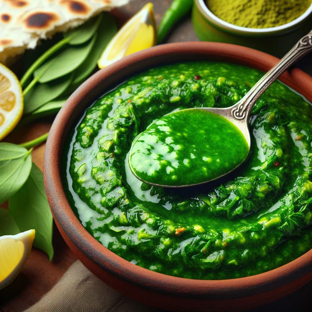 Bowl of green molokhia stew served with meat and flatbread