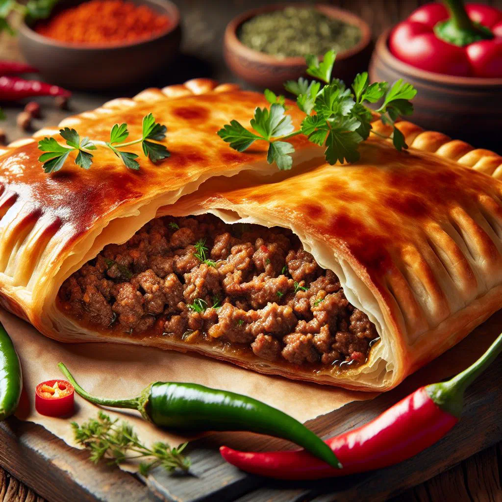 Golden pan-fried Mutabbaq Lahm pastry parcels filled with spiced minced meat