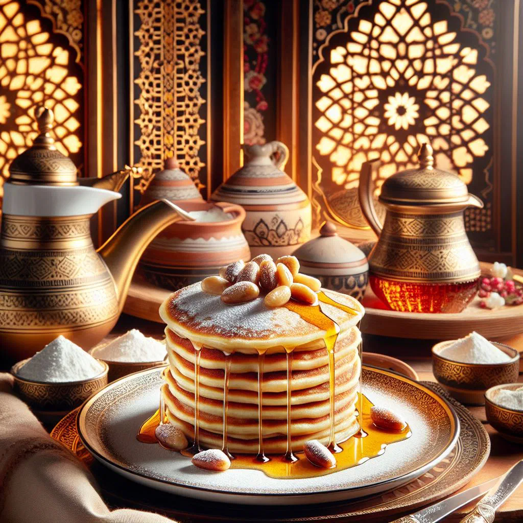 Folded qatayef pancakes filled with nuts and drizzled with sugar syrup