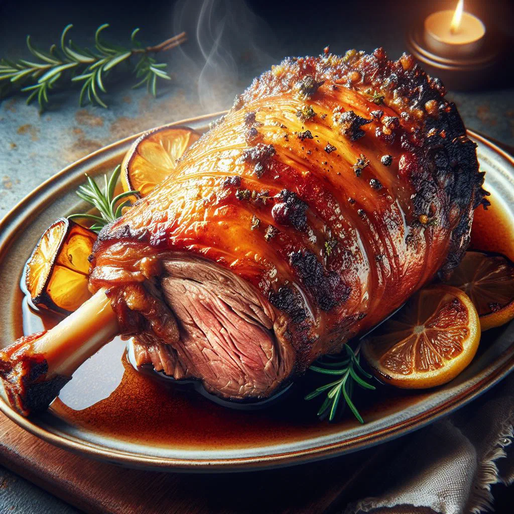 Roasted leg of lamb garnished with fresh herbs on a serving platter