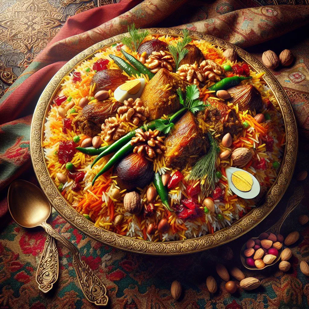 Fragrant Ruz Al Biryani rice with spiced meat, garnished with fresh coriander and mint
