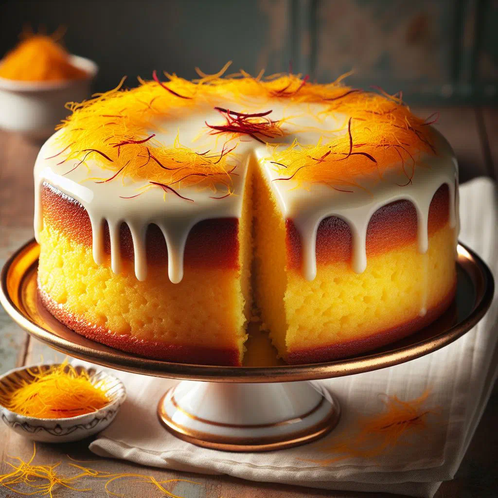 Golden saffron milk cake topped with chopped pistachios on a plate
