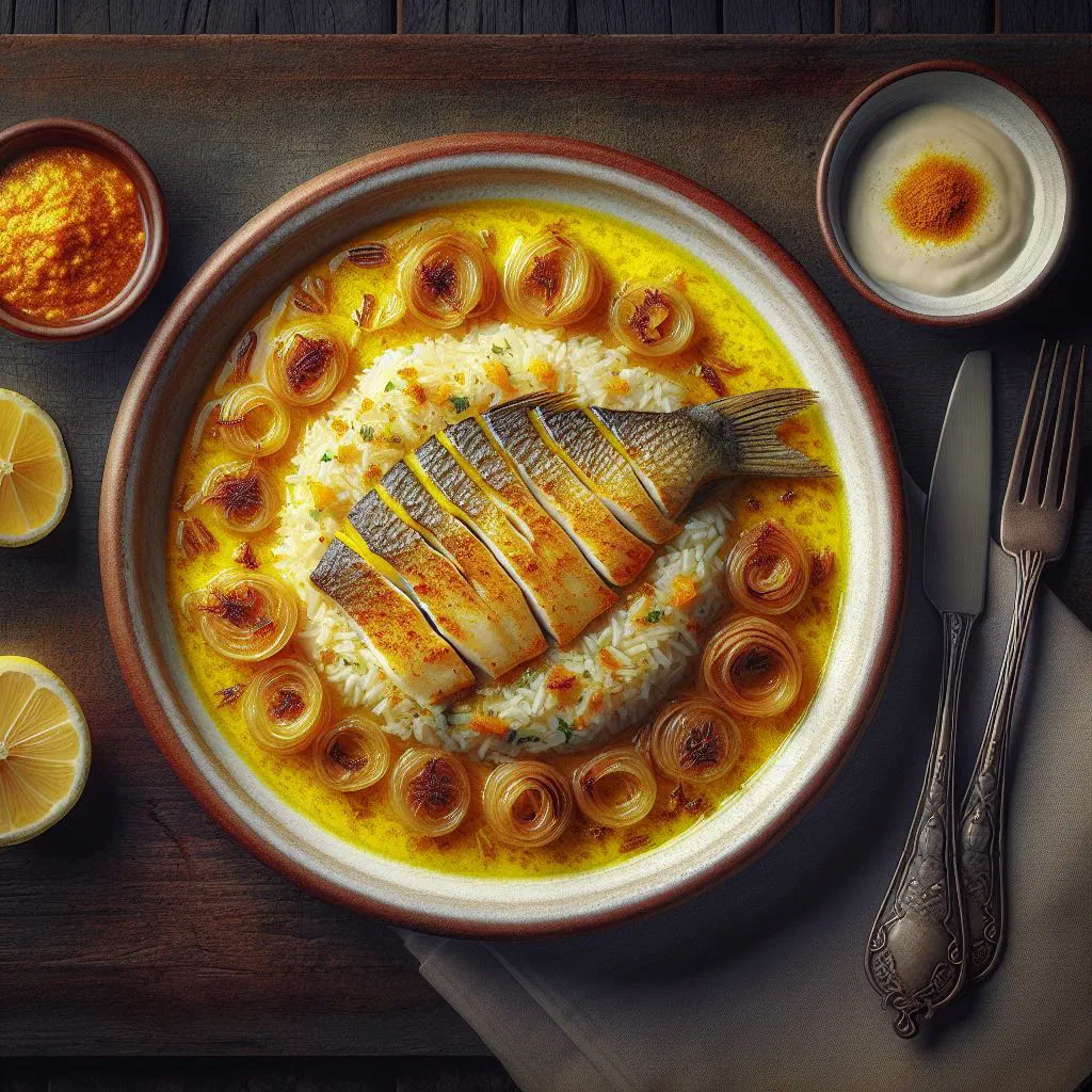 Spiced fish served over golden rice with caramelised onions and fresh herbs
