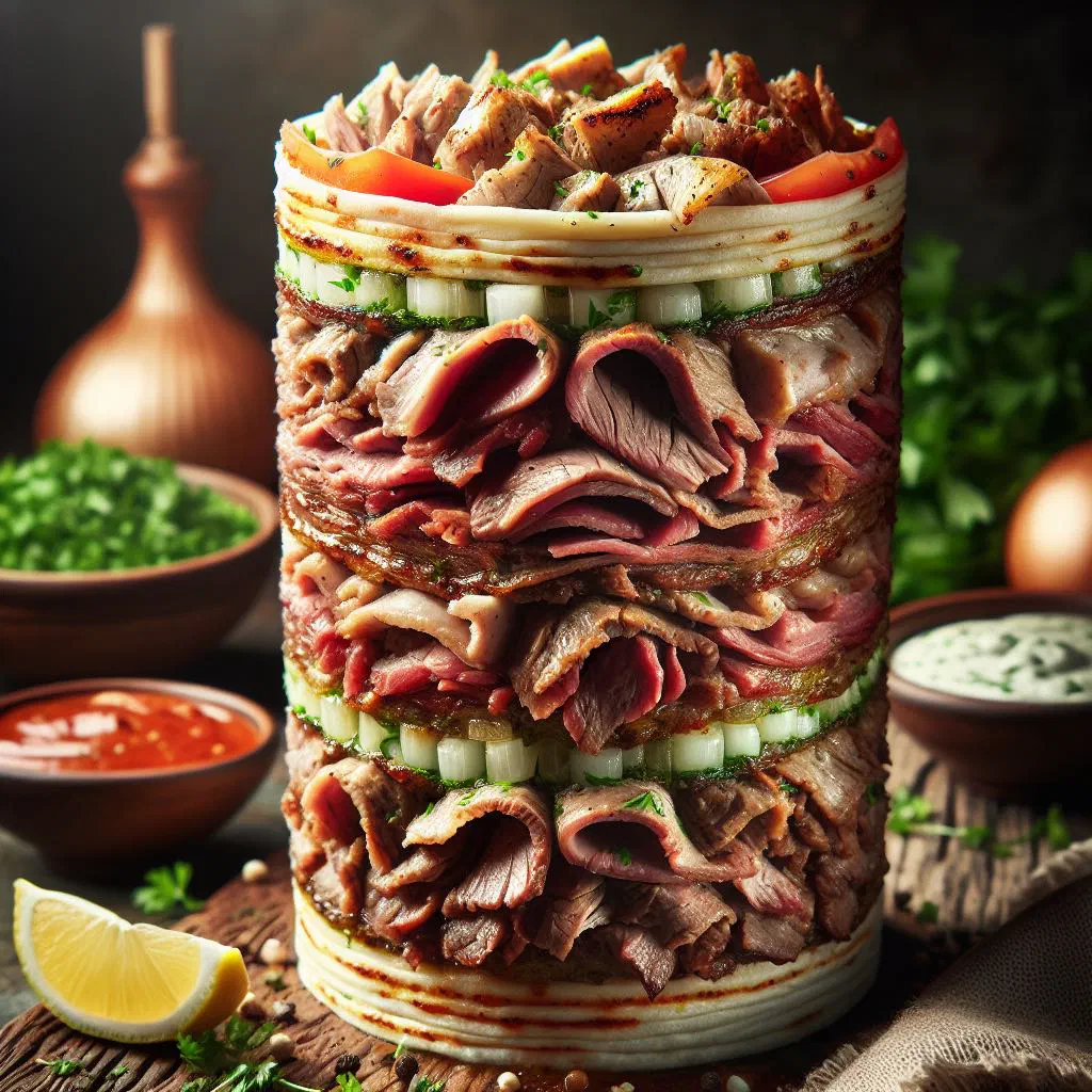 Shawarma wrapped in warm flatbread with fresh vegetables and sauce