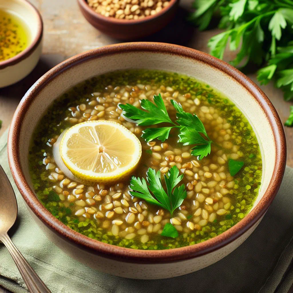 Bowl of Shorbat Freekeh soup garnished with fresh parsley
