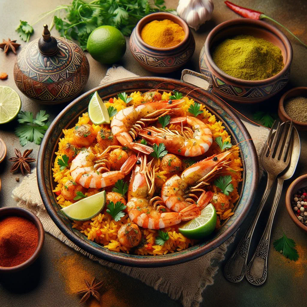 Spiced basmati rice with prawns and fresh coriander on a serving platter