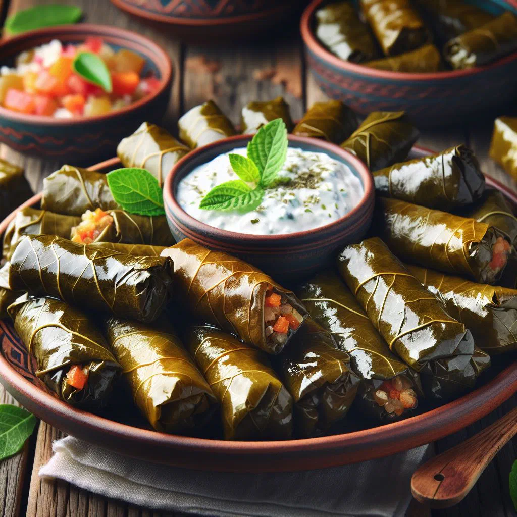 Hand-rolled stuffed grape leaves arranged on a plate with lemon