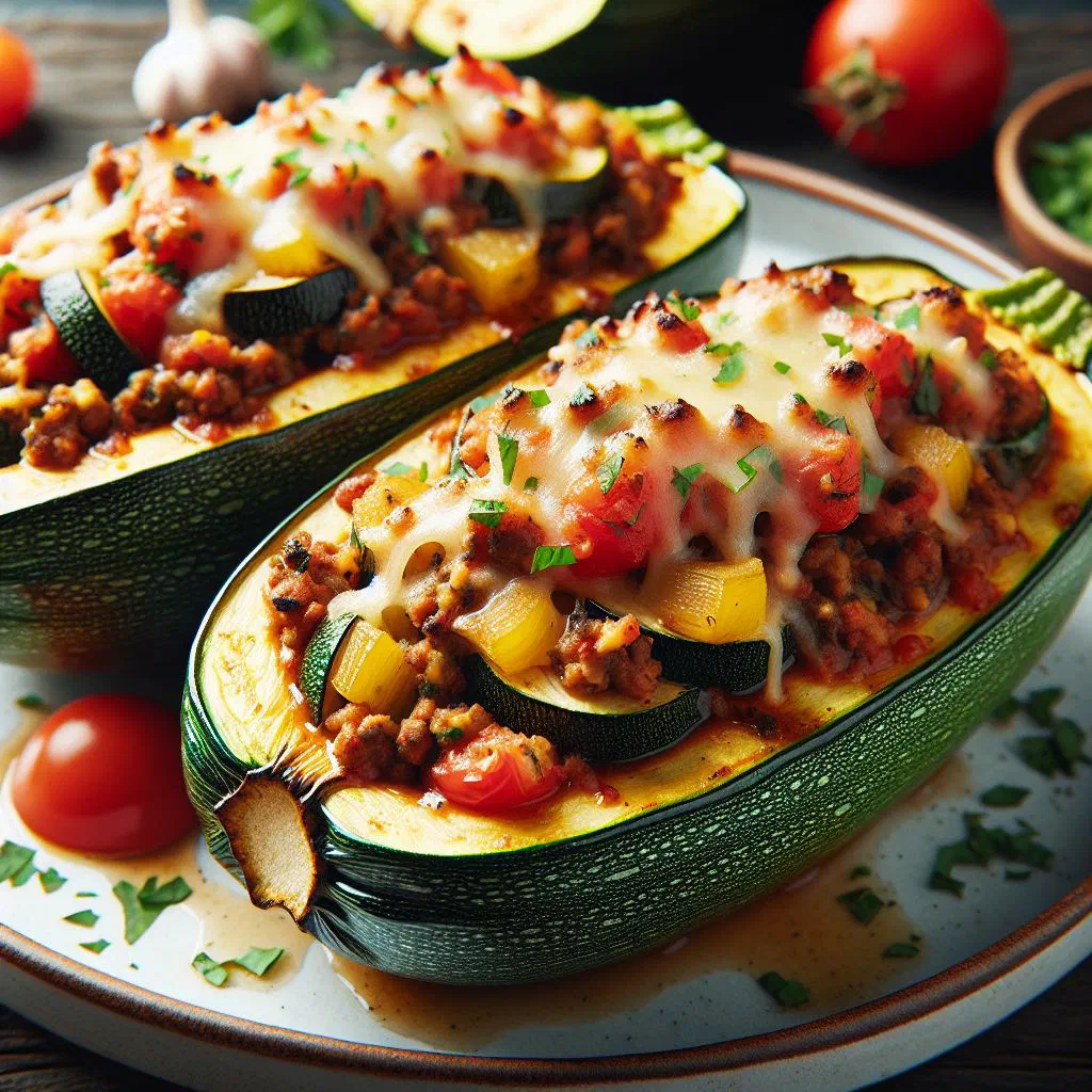Stuffed zucchini simmered in tomato sauce and garnished with fresh herbs