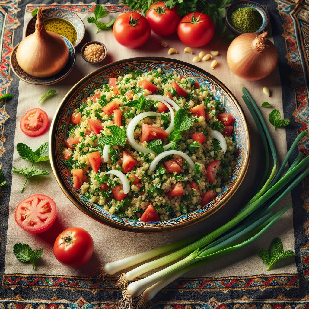Bowl of tabbouleh salad with bulgur, parsley, mint and diced tomatoes