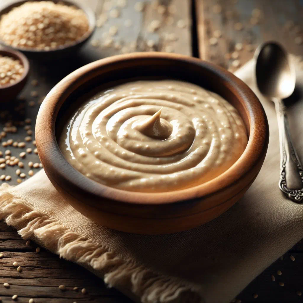 Creamy tahini sauce in a bowl drizzled with olive oil and sesame seeds