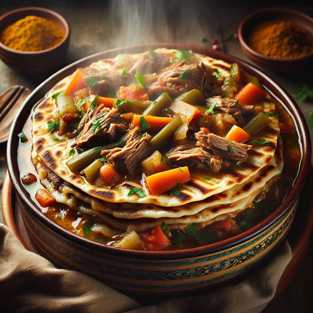 Thareed with tender lamb and vegetables ladled over pieces of flatbread