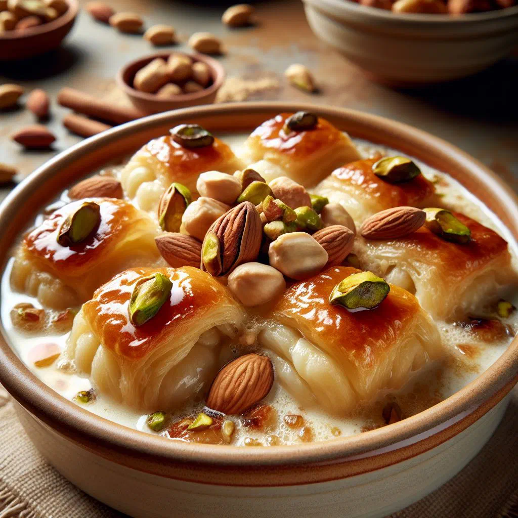 Baked Umm Ali bread pudding topped with almonds and cinnamon