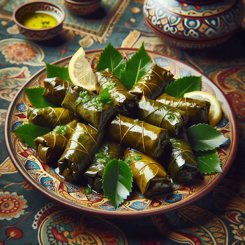 Rolled stuffed grape leaves arranged on a plate with lemon wedges