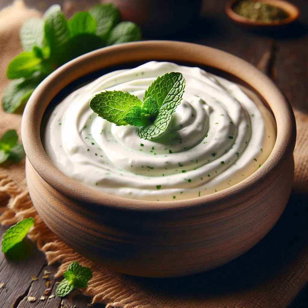 Creamy yoghurt mint dip garnished with fresh mint leaves