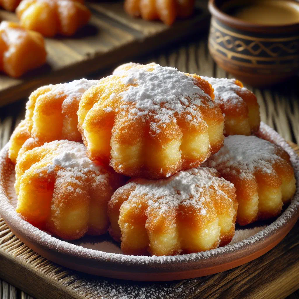 Golden fried zalabia dough rings drizzled with sugar syrup and chopped pistachios