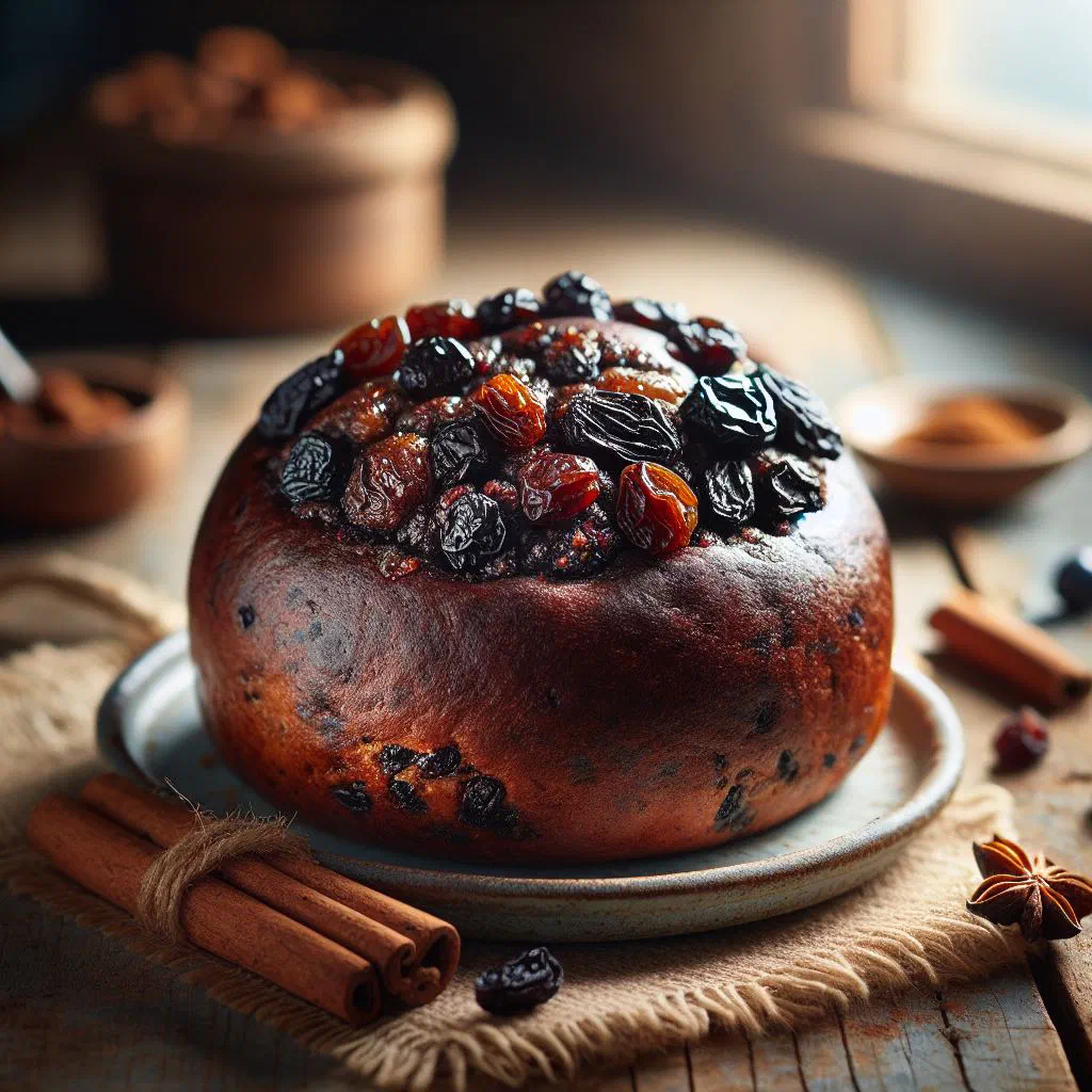 A sliced Black Bun revealing a dense filling of dried fruit and nuts