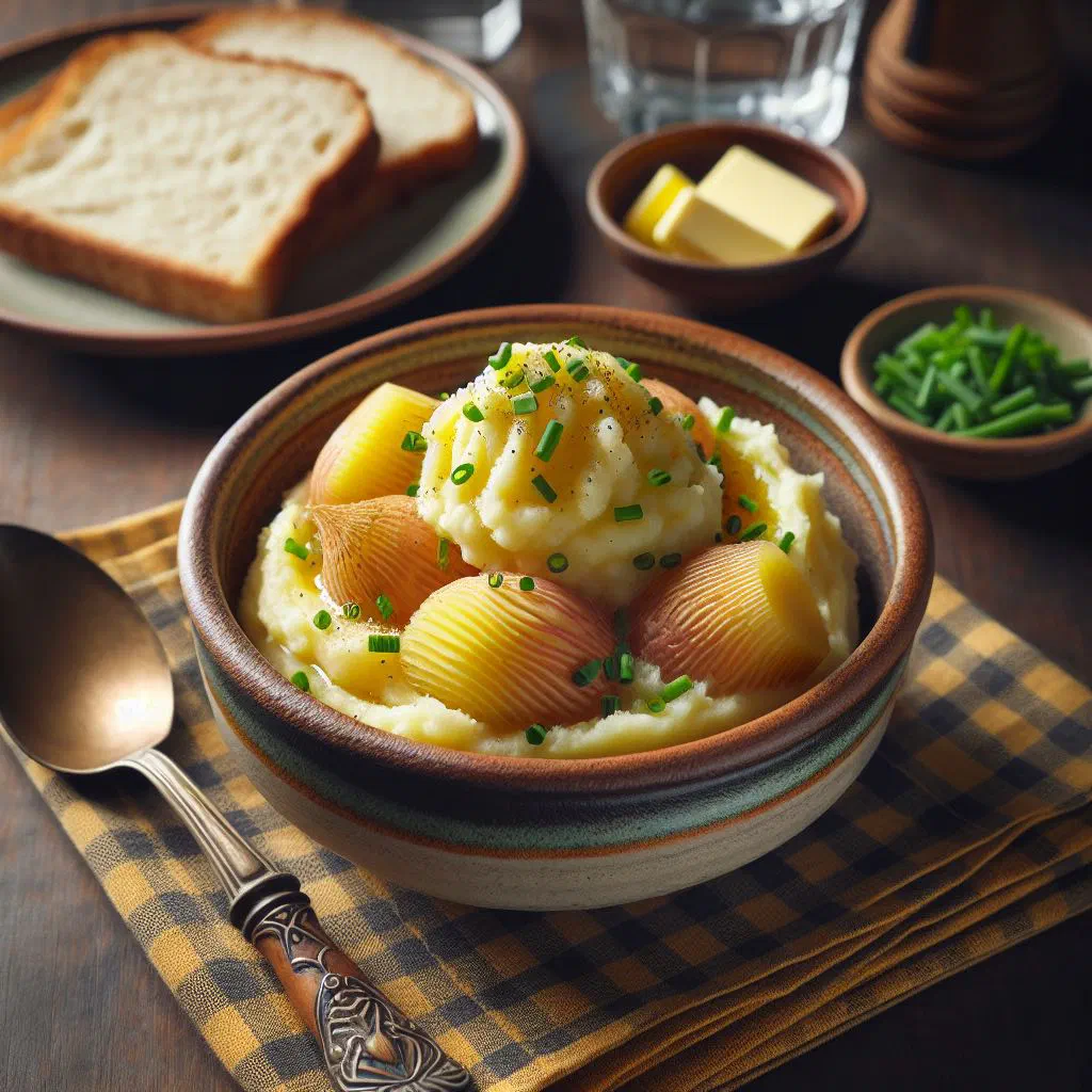A bowl of clapshot, mashed potato and turnip topped with butter and chives