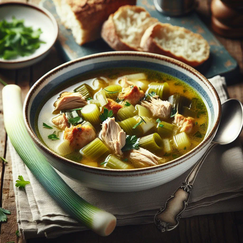 A bowl of cock-a-leekie soup with chicken, leeks and prunes