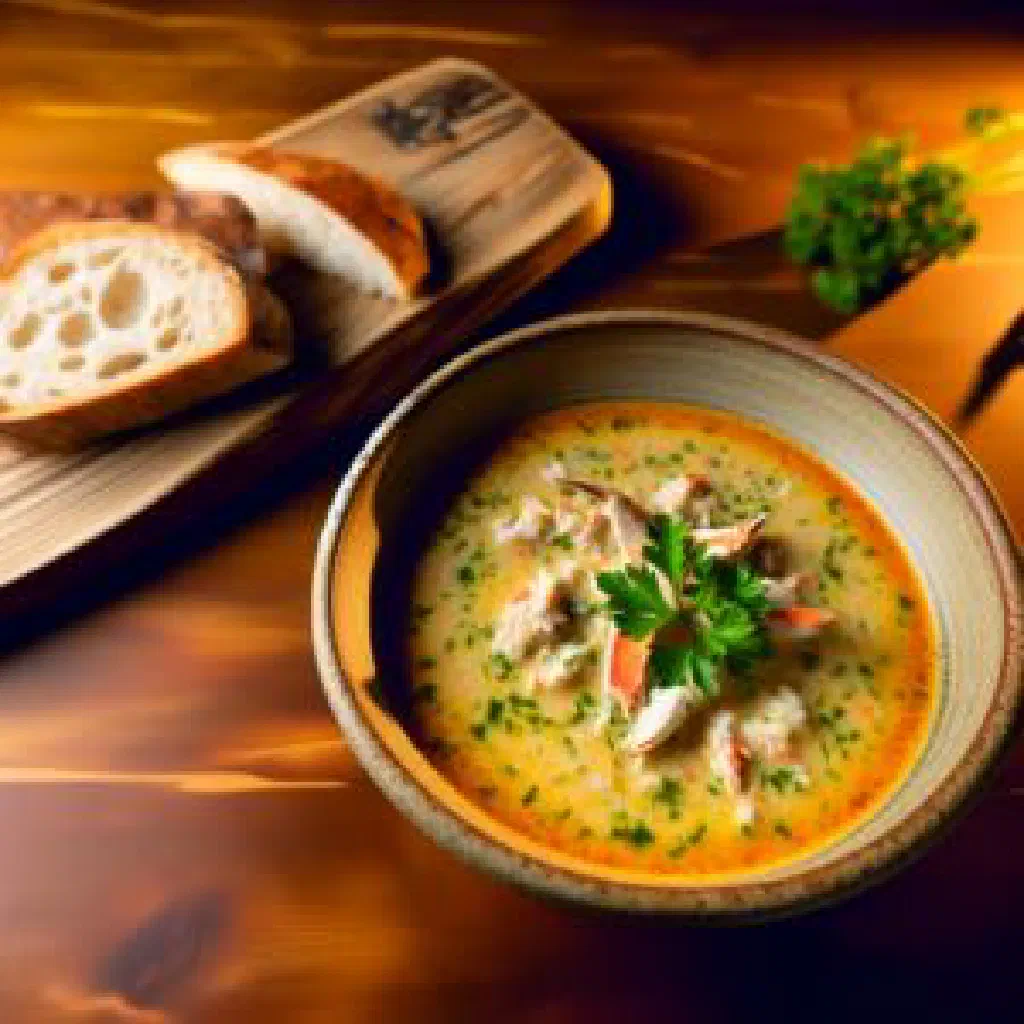 A creamy bowl of Scottish partan bree crab soup garnished with fresh dill