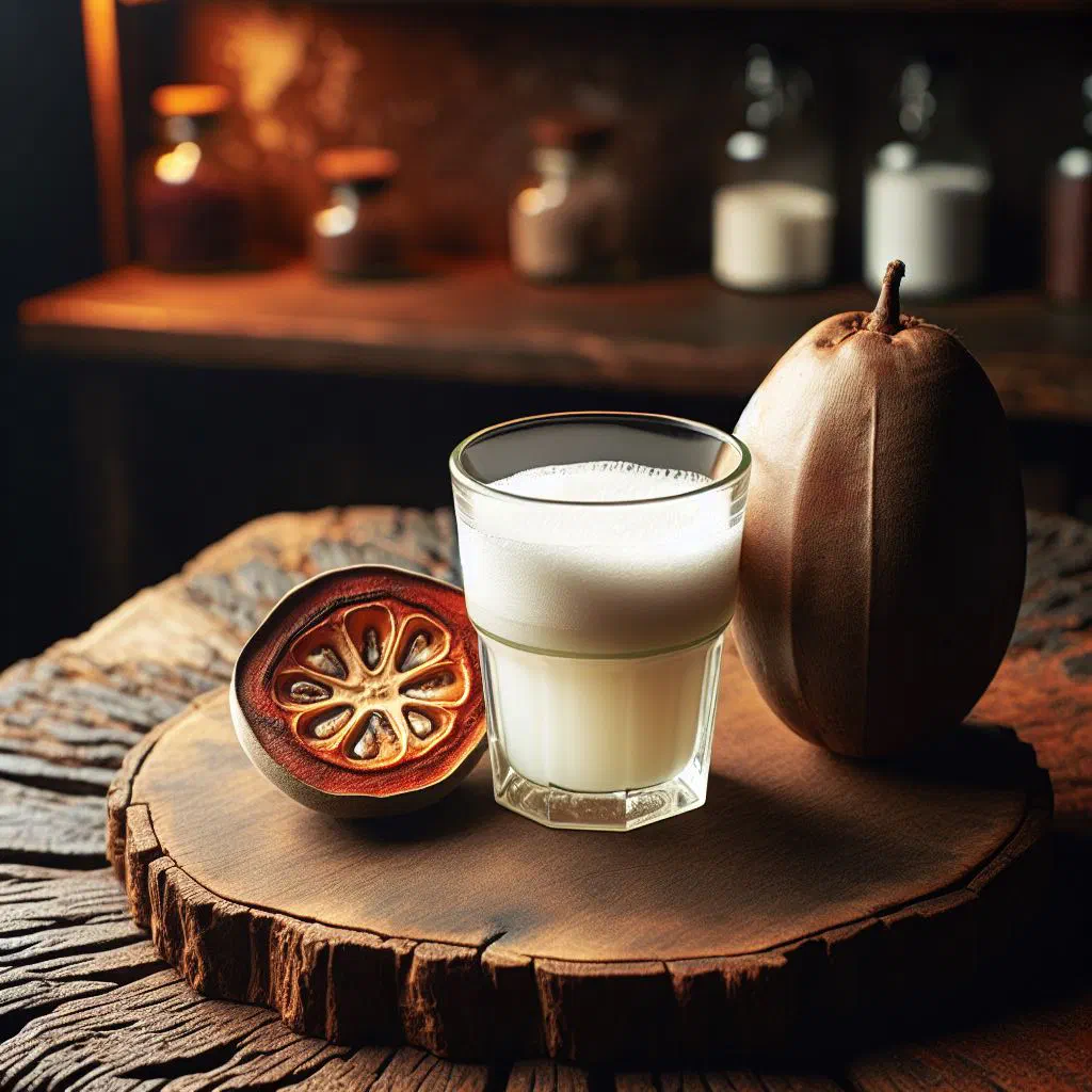 A tall glass of creamy baobab juice garnished with fresh mint
