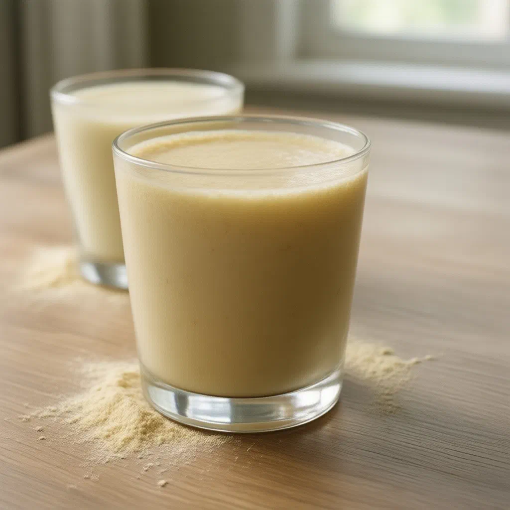 A tall glass of creamy baobab juice garnished with fresh mint