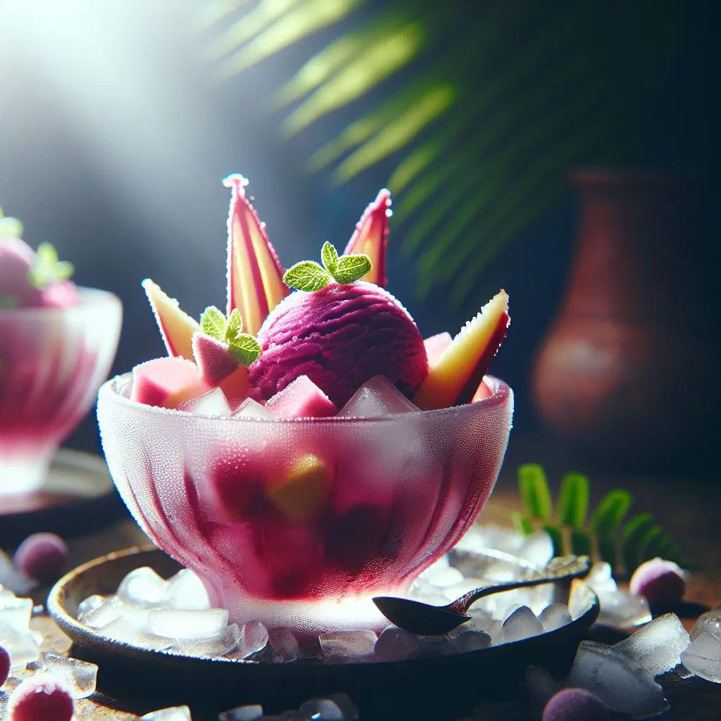 Deep-red bissap sorbet garnished with fresh mint and a citrus slice