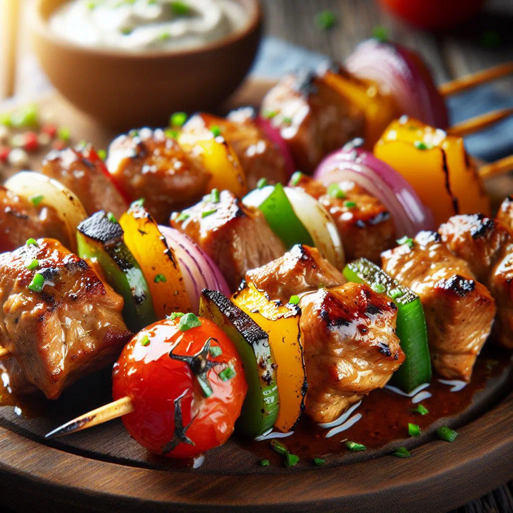 Grilled Senegalese meat skewers garnished with fresh herbs