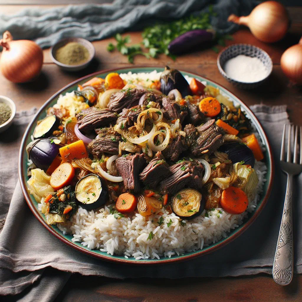 A plate of Ceebu Yapp with spiced rice, tender meat and vegetables