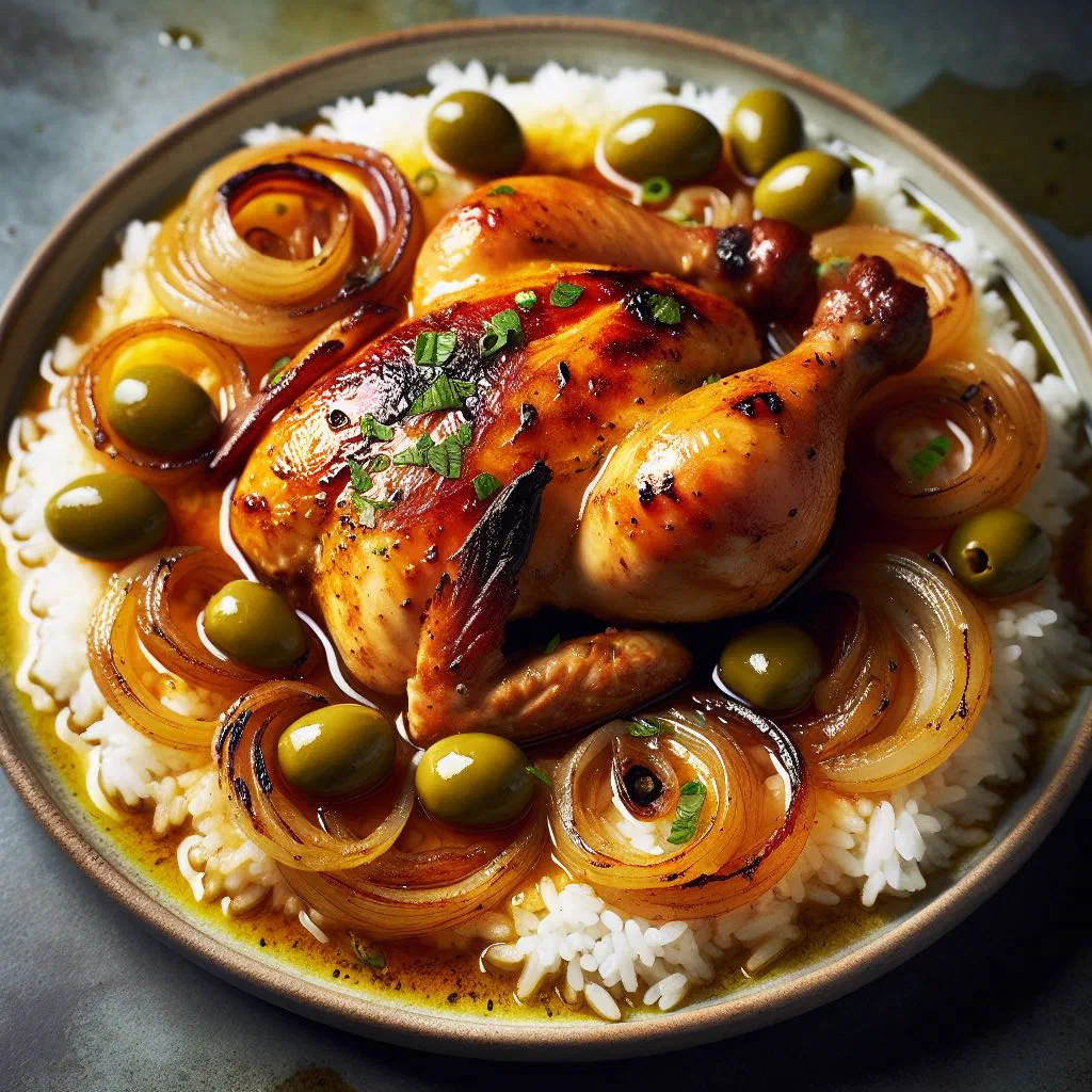 Chicken Yassa in a golden onion and lemon sauce served with rice
