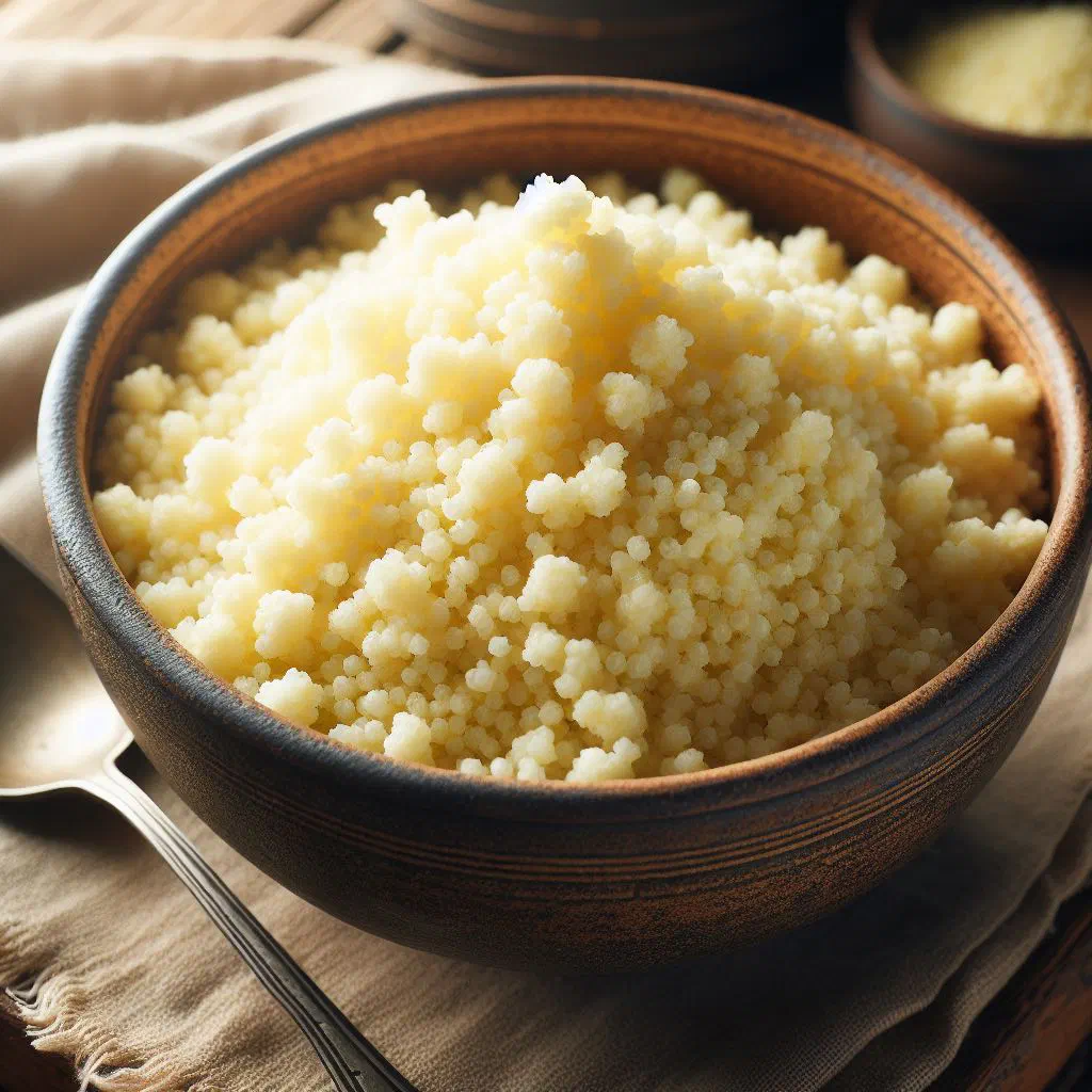 Steamed Senegalese couscous with vegetables and fresh herbs in a bowl