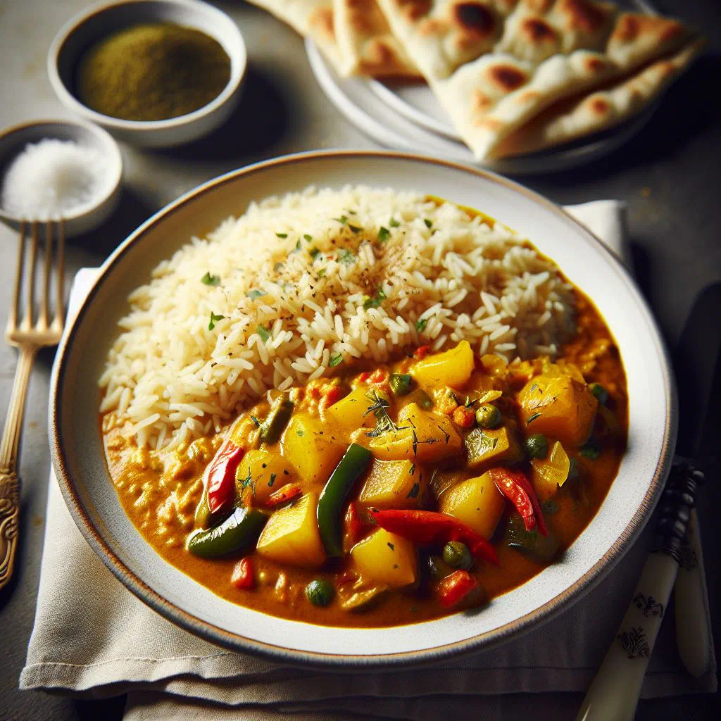 Senegalese curry rice with chicken, peppers and carrots in a creamy coconut sauce